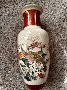 Satsuma Vintage Golden Peacock Vase 12.5” Hand Painted